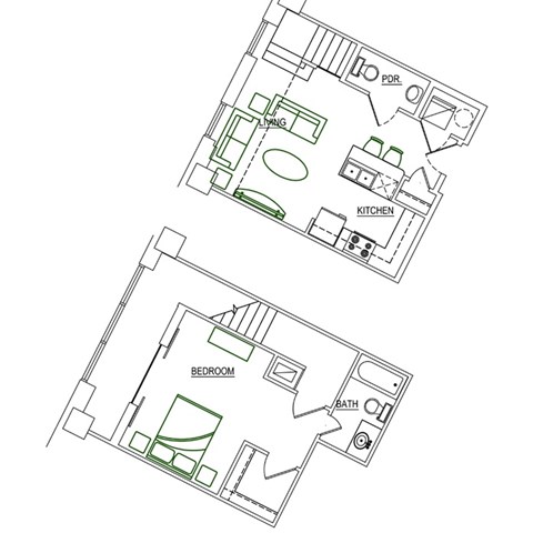 Floor plan for 1 bed, 1 bath, 688 sqft